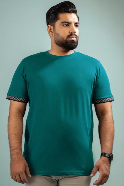 Teal Cotton T-Shirt  with Jacquard Cuffs (Plus Size) - S25 - MT0389P