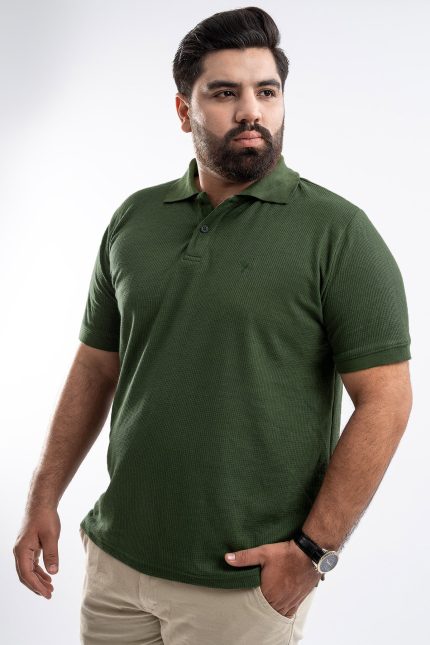 Olive Waffle Knit Texture Jacquard Polo Shirt  (Plus Size) - S25 - MP0300P
