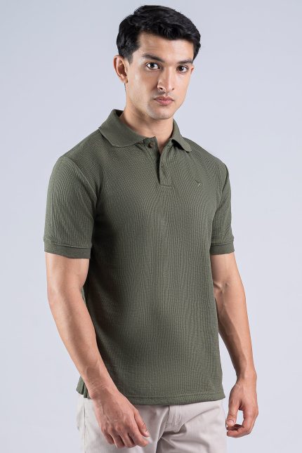 Olive Waffle Knit Texture Jacquard Polo Shirt  - S25 - MP0300R